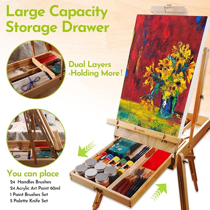 CONDA Large Wooden French Easel and Sketchbox Easel, Adjustable Tripod Easel Stand with Drawer and Palette for Artist, hobbyists, Professionals, Ideal Easel for Painting, Sketching, and Display