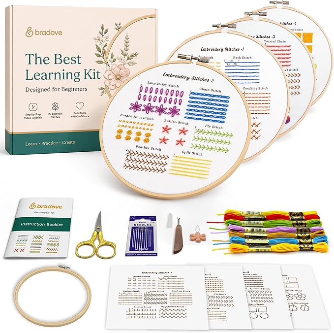 Bradove Classic Embroidery Learning Kit for Adults and Kids | Hand Embroidery Kit for Beginners with Patterns, Beginner Embroidery Kit for Adults, Stitches Practice, Learn to Embroider