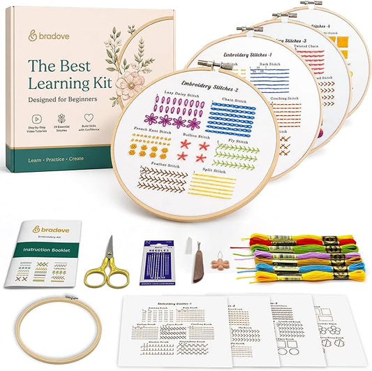 Bradove Classic Embroidery Learning Kit for Adults and Kids | Hand Embroidery Kit for Beginners with Patterns, Beginner Embroidery Kit for Adults, Stitches Practice, Learn to Embroider