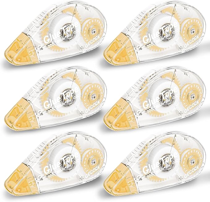 Gecork Double Sided Glue Tape Roller 156 ft Total, 6-Pack, Light Yellow | 0.3 in x 26 ft Quick-Dry Tape Runner, Strong Adhesive & Lasting Bond, For Scrapbooks, Journals, Office, School Arts & Crafts