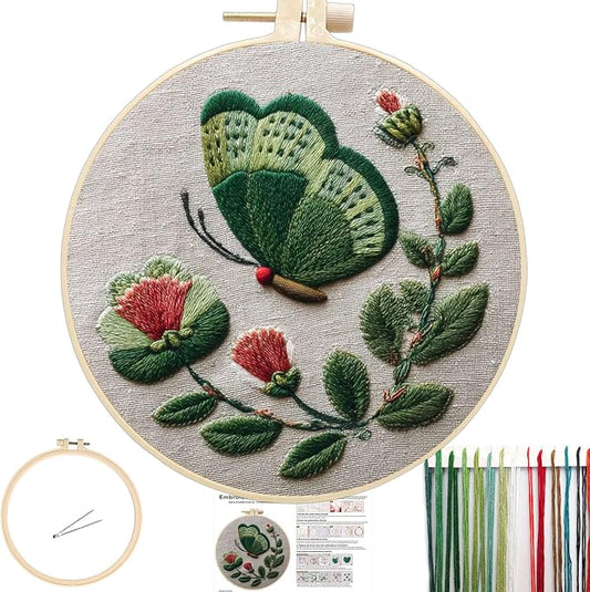 FONNUY Green Plants Embroidery Kit, Cross Stitch Kits for Beginners, Handmade Crafts with Printed Patterns for Beginner Adults, Easy to Follow Color Thread Needlework, 8'' Hoop (Butterfly)