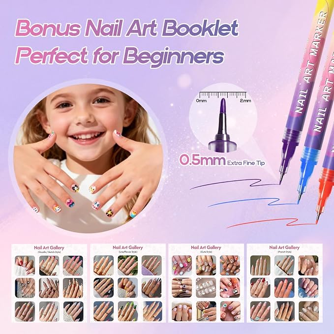 dabria Nail Art Pens for Painting Nails 12 Colors Nail Art Markers Set with 0.5 mm Fine Tip Nail Doodle Pens for Girls Kids Women (Upgraded)