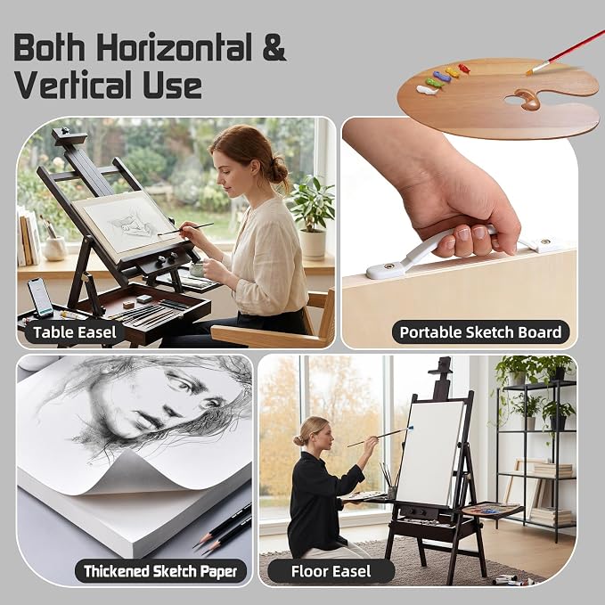 Beech Wood H-Frame Easel for Painting with Tray & Drawer, Walnut