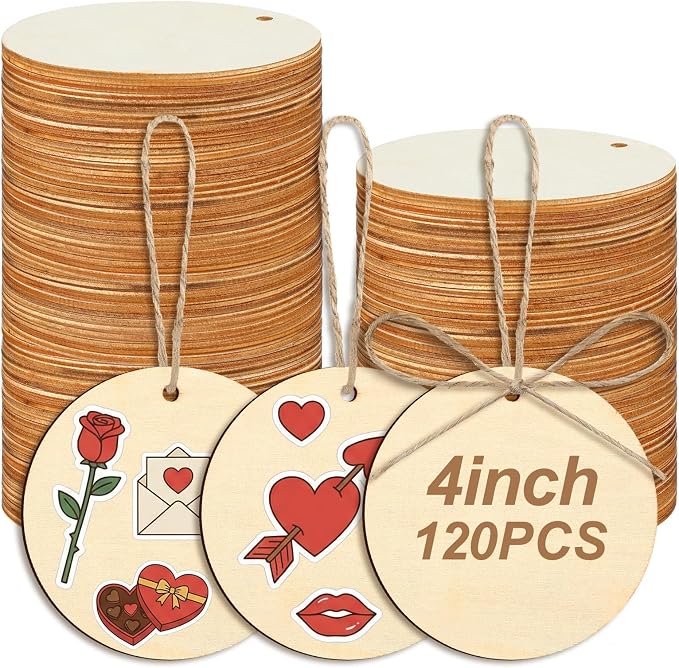 Jetec 120 Pcs Wooden Circles with Holes Unfinished Round Discs for DIY Craft Painting, Engraving, Christmas Ornaments, Gift Tags, Wedding Decorations