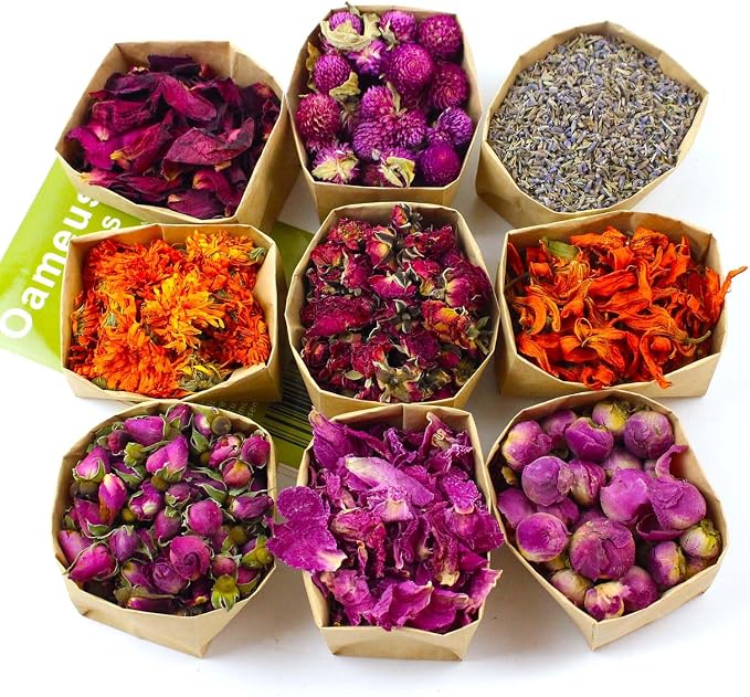 9 Bags Set Dried Flowers - Candle Making Soap Making DIY Candel Natural Flowers-,Lily,Don't Forget Me,Lavender,Mint Leaf,Rose Petal, Red Rose,Globe Amaranth,Chrysanthemum.