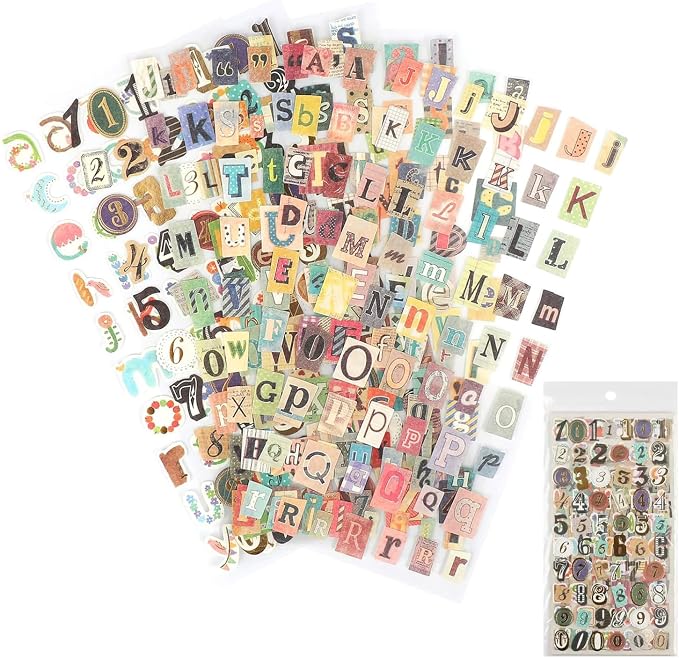 347PCS Vintage Stickers, 6 Sheet Scrapbook Stickers Graffiti, Cute Vintage Letters Numbers Self Adhesive Decals Scrapbooking Supplies for Diary DIY Art Album Paper Crafts (347PCS)