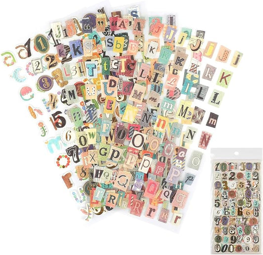 347PCS Vintage Stickers, 6 Sheet Scrapbook Stickers Graffiti, Cute Vintage Letters Numbers Self Adhesive Decals Scrapbooking Supplies for Diary DIY Art Album Paper Crafts (347PCS)