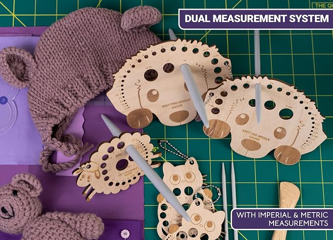 The Quilted Bear Wooden Knitting Needle Gauge - Knitting Gauge Measuring Tool for Accurate Needle Measurements with Metric & Imperial Sizes 0.7mm to 15mm & US 6-0 to 19 in Various Fun Designs (Dog)