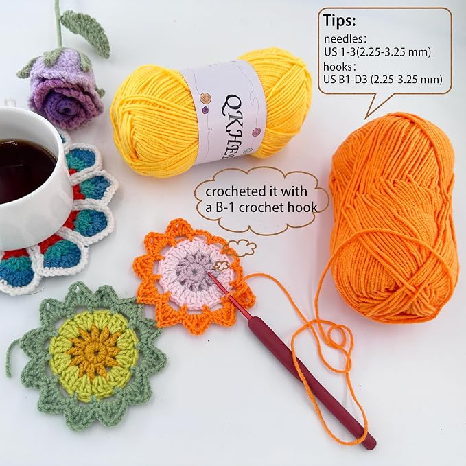 QKHEEYarn for Crocheting and Knitting 8 * 1.76 Oz (50G) /195yd,Fine/Fingering Weight (1), 60% Cotton 40% Acrylic Soft Yarn kit for Making Granny Squares and amigurumi (18 Khaki)