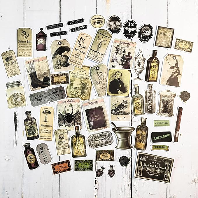 Prstincol 106 Pcs Potion Labels Stickers, Apothecary Sticker Dark Aesthetic Wine Bottle Sticker for Scrapbooking, Wicca Stickers for Junk Journal Bullet Journals DIY Crafts