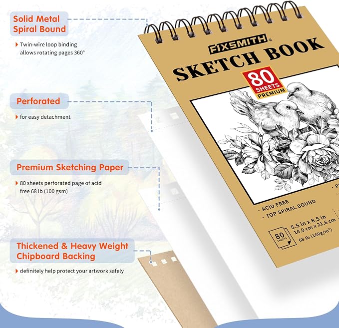FIXSMITH 5.5"X8.5" Sketch Book, 160 Sheets (68 lb/100gsm), 2 Pack | Acid Free Drawing Paper | Top Bound Artist Sketch Pad | for Kids, Beginners, Artists & Professionals | Bright White