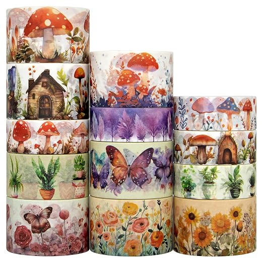 Washi Tape Set 13 Rolls - Mushroom Butterfly Floral Decorative Tape for Scrapbooking Supplies, Junk Journal, DIY Crafts, Arts