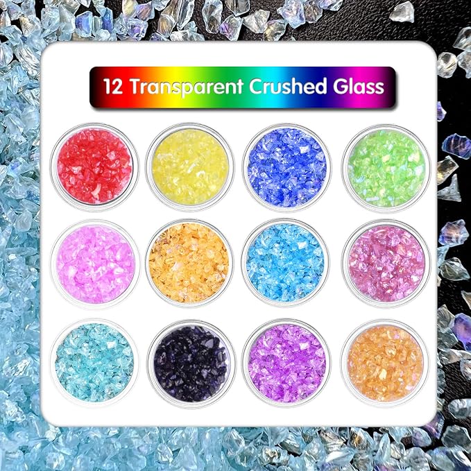 12 Box Transparent Crushed Glass Craft Glitter for Resin Art,Small Broken Glass Pieces Irregular Metallic Crystal Chips Chunky Flakes Sequins for Nail Arts DIY Vase Filler Epoxy Jewelry Making