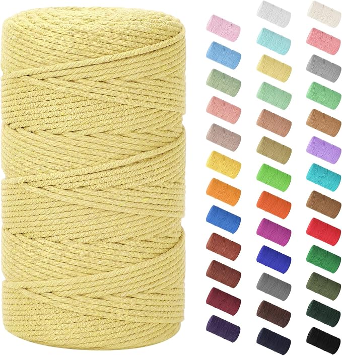 HOMEBOBO Macrame Cord 3mm x 220Yards (656Feet)Natural Cotton Macrame Rope - 4 Strands Twisted Macrame Cotton Cord for Wall HangingPlant HangersCraftsGift Wrapping and Wedding DecorationsLight Yellow