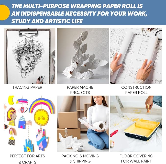 Art Paper Roll for Crafts, 17.75"x1200" (100') White Gift Wrapping Paper | Drawing & Painting, Kraft Bulletin Board Poster Banner Coloring Paper, Kids Art Supplies, Wedding Floral Supplies 80GSM 55LB