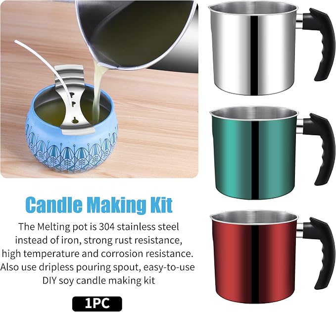 DINGPAI Candle Making Pouring Pot, 44oz Double Boiler Wax Melting Pot | 304 Stainless Steel Candle Making Pitcher & Spoon, Silver Color, Heat-Resistant Handle and Dripless Pouring Spout Design