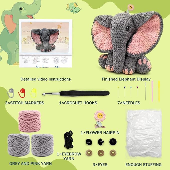 CODGP Crochet Kit for Beginners, 13-Inch Elephant Crochet Kit for Adults | Crochet Starter Kit Gift, Animal Amigurumi Kit, Durable Chenille Yarn, Full Supplies, Step-by-Step Videos, for Crochet Lovers