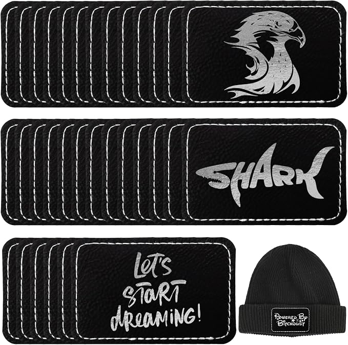 50 Pack Blank Leatherette Hat Patch with Adhesive, Rectangle Laserable Leatherette Patch, Faux Leather Patches for Hats Custom Fabric Repair Sew Laser Supplies (Black to Silver)