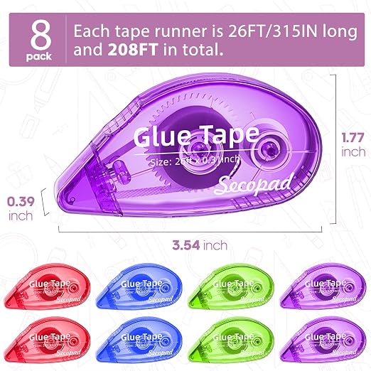 Secopad Scrapbook Tape, 8 Pack Glue Tape, Bright-Colored Shell | 0.3IN x 26FT, Sticky & Safe, Double Sided Tape for Crafts, Scrapbooking Junk Journaling Supplies, For School Office Teachers
