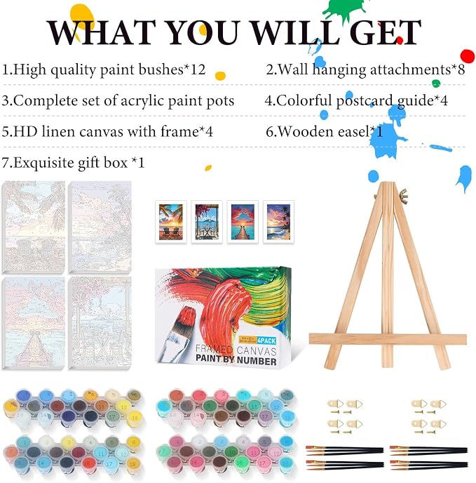 4 Pack Framed Paint by Numbers Kit for Adults Beach with Wooden Easel | With Frame Canvas 8x12 IN, For Adults Beginner, DIY Acrylic Painting Landscape, Stress Relief Craft Kit, Home Wall Decor Gift