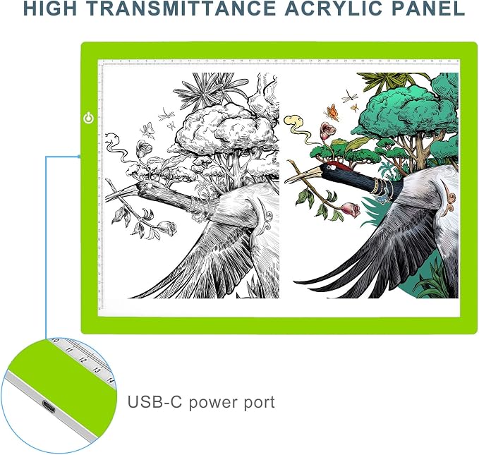A3 Copy Light Board Tracing Box, Ultra-Thin Adjustable Drawing Tablet USB Power Artcraft LED Tracer Light Pad for Diamond Art Painting Accessories, Sketching, Animation, Quilting, Stenciling (Green)