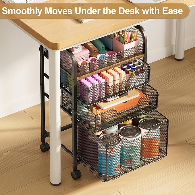 4-Tier Rolling Utility Cart with 3 Drawers-Craft Organizers and Storage with 360° Lockable Wheels,Art Supply Storage Organizer for Art Supplies, Store for Brushes & Paints & Artifacts Patent Pending