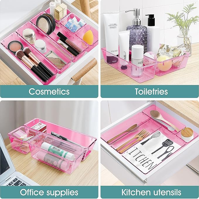 25 PCS Plastic Drawer Organizer Set, Makeup Organizers and Storage Bins | 4 Sizes Desk Drawer Divider Organizers and Storage Bins for Jewelry, Gadgets for Kitchen, Bedroom, Bathroom, Clear Pink