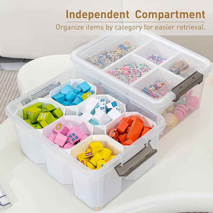 Citylife 17QT 2Packs Clear Craft Organizers and Storage Bins with Lids | Stackable Art Supply Organizer with Tray and 6 Inserts for Markers, Crayons, Pencils, Tools, Playdoh, Coloring Books
