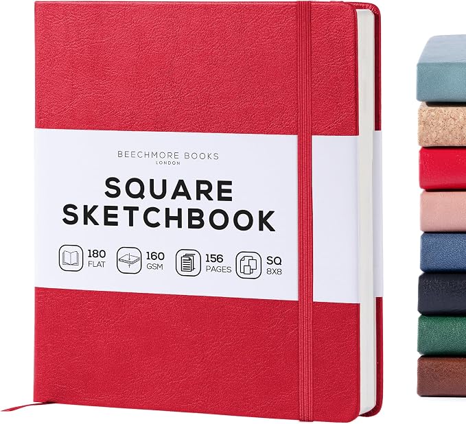 Beechmore Books 8x8 Square Mixed Media Sketchbook 160 GSM/98lb, Gift Box | Vegan Leather Hardcover Art Journal with Lay-Flat Binding, Perforated Ivory Pages for Drawing & Doodling