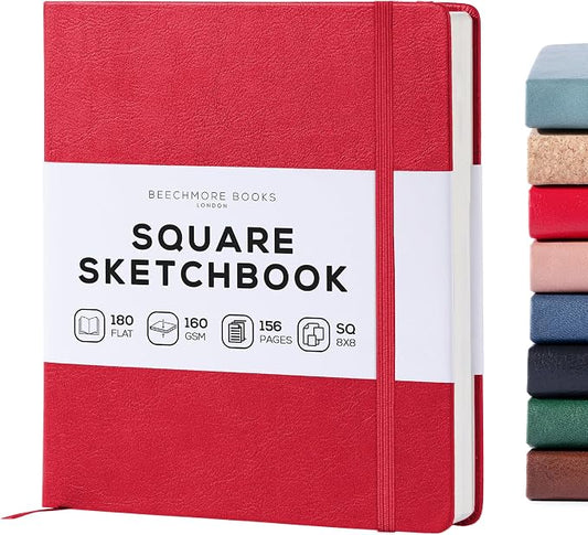 Beechmore Books 8x8 Square Mixed Media Sketchbook 160 GSM/98lb, Gift Box | Vegan Leather Hardcover Art Journal with Lay-Flat Binding, Perforated Ivory Pages for Drawing & Doodling