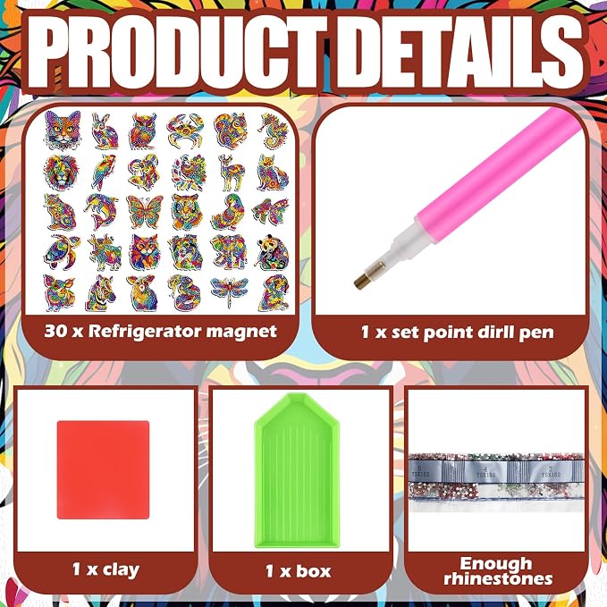 Remuuly 30 Pcs Animal Diamond Painting Magnets Diamond Art Kits for Adults | Colorful Animal Refrigerator Magnets, Tiger 5D Rhinestone Fridge Magnetic Sticker, Diamond Club Gifts, Beginner DIY Crafts