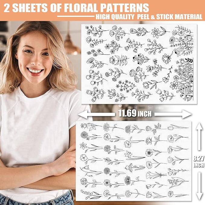 Patemby Embroidery Pattern Water Soluble Embroidery Stabilizers, Stick and Stitch Embroidery Paper Wash Away with Pre-Printed Pattern Designs Stencils Transfers for Hand Sewing Lover Beginner