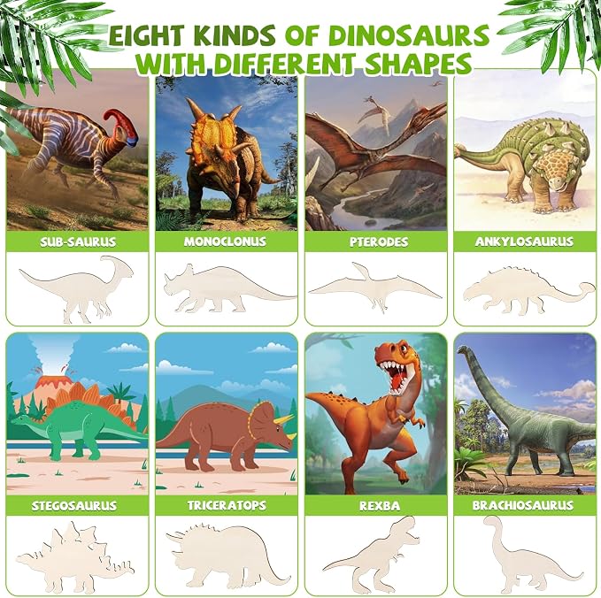 48 Pack Unfinished Wooden Dinosaur Animal Cutouts,Pterosauria,Tyrannosaurus Rex,Triceratops,Stegosaurus,Ankylosaurus Shapes Model for Home Decor Ornament,DIY Craft Art Project(6 PCS/Shape)