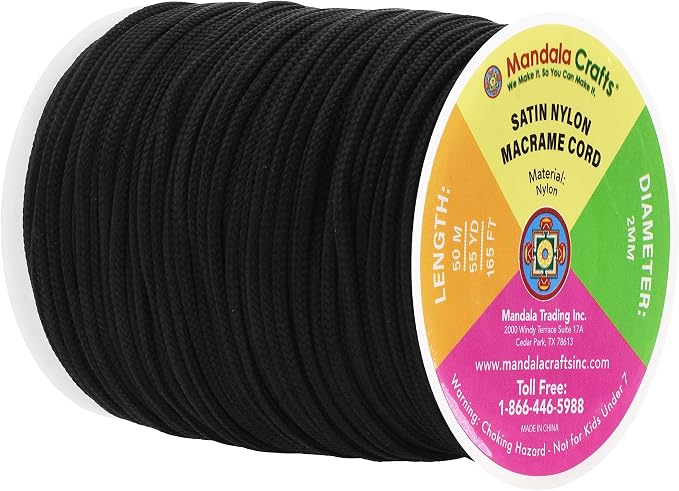 Mandala Crafts 2mm Black Rattail Nylon Satin Cord for Jewelry Making