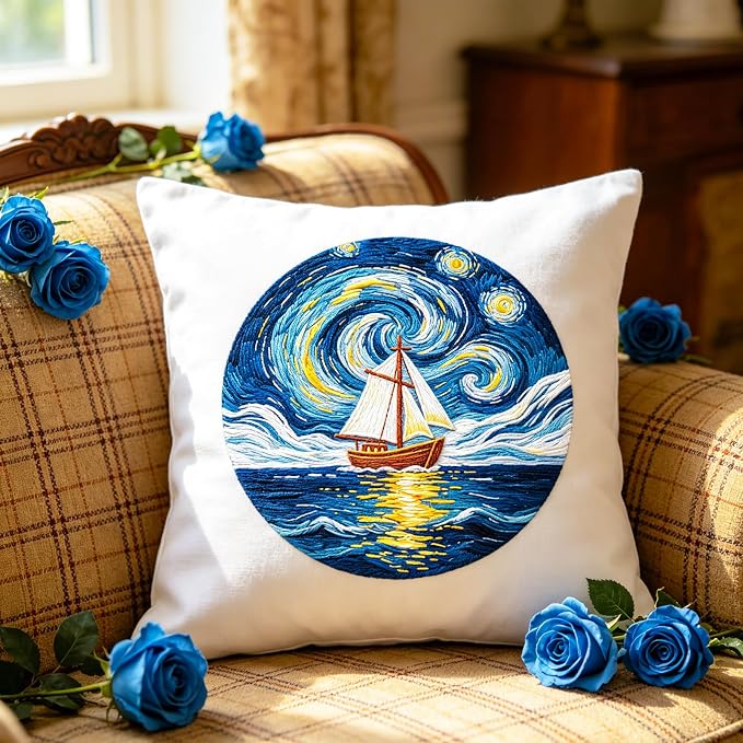 BEUNITONE 4pcs Embroidery Kit, Starry Sky & Beach Stamped Embroidery Kits with Hoop, Thread & Needles, Cross Stitch Kits Sewing Gifts for Adults and Beginners, DIY Craft for Relaxation