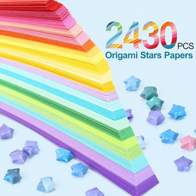 2430 Sheets Stars Paper Strips, 3 Packs Double Side Origami Star Paper, Lucky Star Strips , Star Origami Paper for DIY / Hand Crafts (Flowers)
