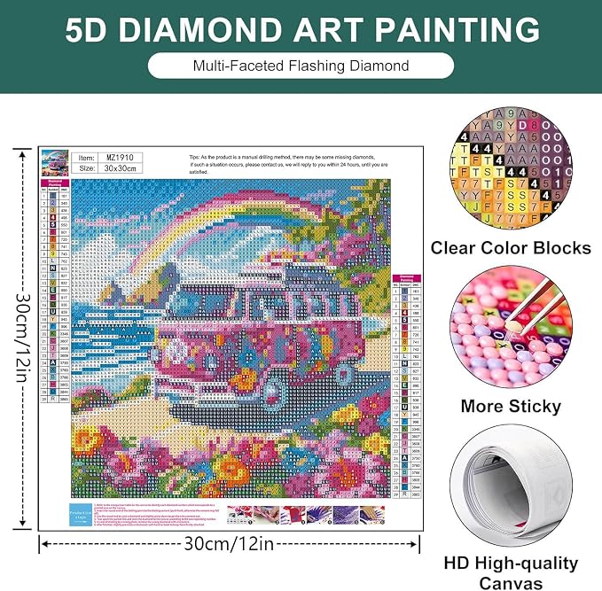 mrpwnle Diamond Art Kits for Adults, Bus Flowers Diamond Painting Kits | Bus Flowers Diamond Art Painting Kits for Adults Beginners, DIY Full Round Drill Gem Art Kits for Home Decor Gifts 12X12 Inch