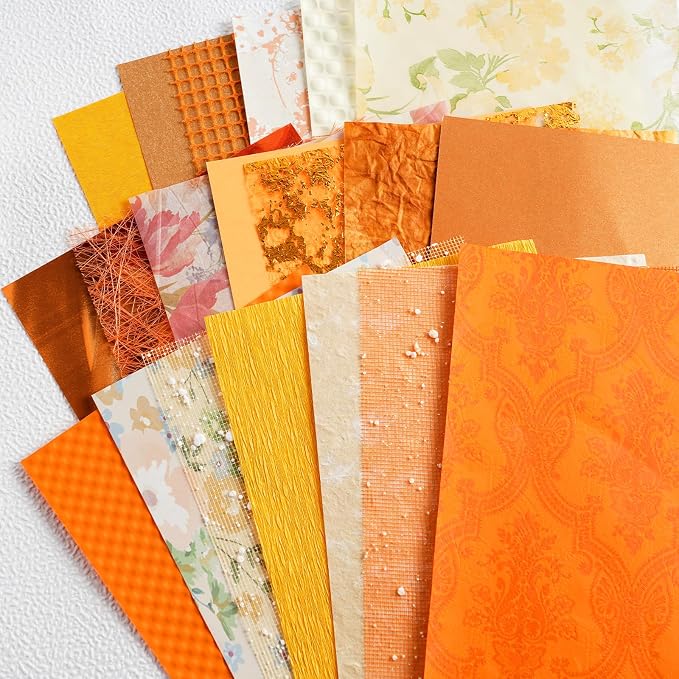 50 Sheets Unique Handmade Textured Scrapbook Paper & Mesh Fabric set - Junk Journal Supplies Craft Paper for Scrapbooking Journaling Supplies for Junk Journal Retro Crafts（Orange）