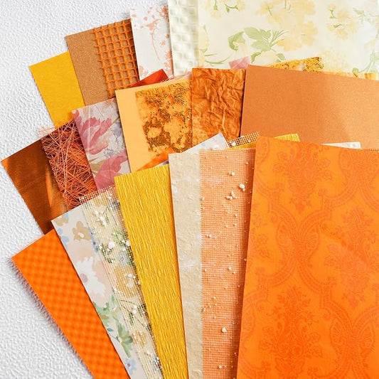 50 Sheets Unique Handmade Textured Scrapbook Paper & Mesh Fabric set - Junk Journal Supplies Craft Paper for Scrapbooking Journaling Supplies for Junk Journal Retro Crafts（Orange）