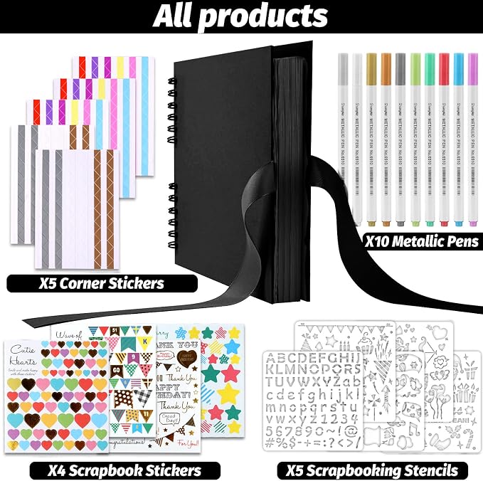 Gotideal 80 Pages Scrapbook Album with 10 Metallic Markers, Black | Craft Paper Photo Album for Wedding and Anniversary, Family DIY Scrapbook Accessories with Scrapbooking Stickers Corners