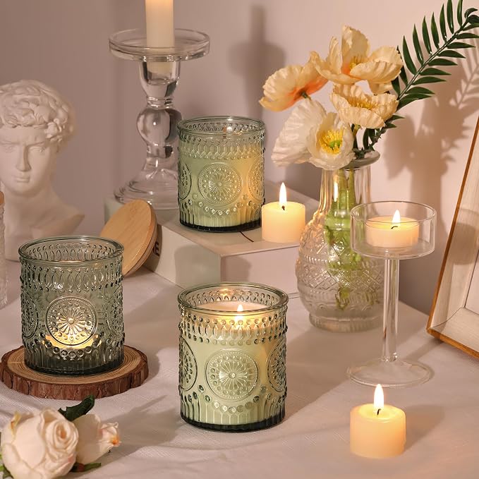 DARJEN 10 Pcs 8oz Glass Candle Jars with Lids, Candle Tins-Green | Premium Thick Glass, Secure Wooden Lids- Candle Jars for DIY Candle Making, Stunning Sunflower Design