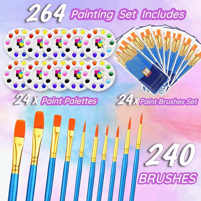 264PCS Valued Paint Brushes and Palettes Set，24Pack of 240PCS Paint Brushes Bulk, 24 Paint Paint Trays, Artist Acrylic Brushes Nylon Brush Head, Suitable for All Purpose Oil Watercolor Painting Se