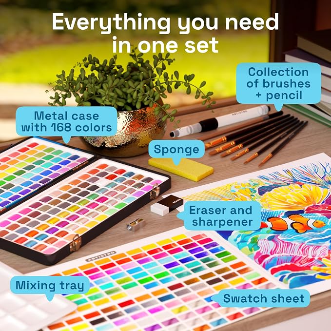 ARTISTRO Watercolor Paint Set with Palette & Brush Pens - 168 Colors | Portable Paint Art Kit, Travel Water Color Set, For Adults, Professionals, & Kids, Art & Painting Supplies, Gift Idea