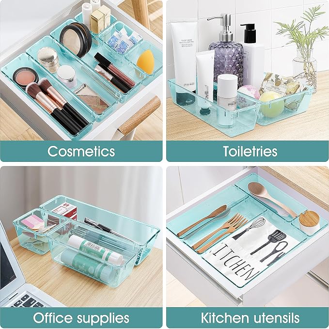 25 PCS Clear Plastic Drawer Organizer, Makeup Organizers and Storage Bins | 4 Sizes Desk Drawer Divider Organizers and Storage Bins for Jewelry, Gadgets for Kitchen, Bedroom, Bathroom, Office,Sea Blue