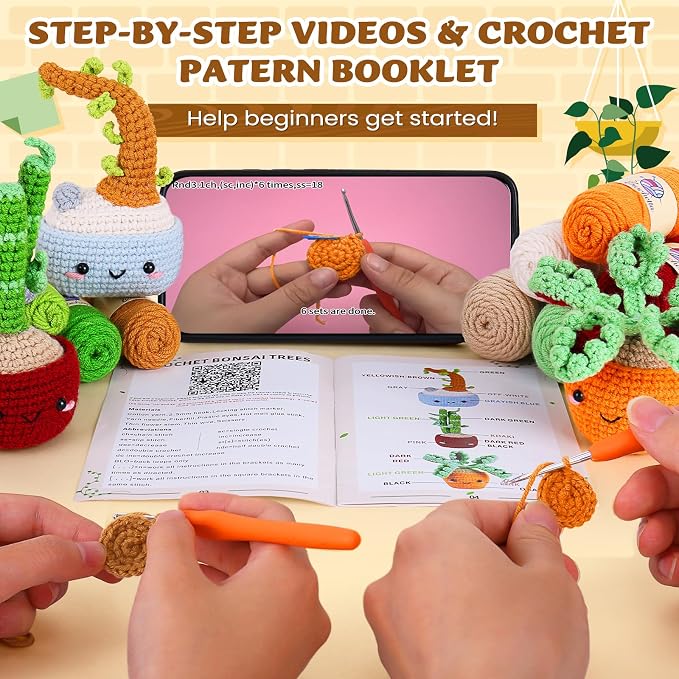 Crochetta Crochet Kit for Beginners, Beginner Crochet Kits for Adults with Step-by-Step Video Tutorials, DIY Knitting & Crocheting Craft Hobbies Supplies, Bonsai Tree Amigurumi(40%+ Yarn)