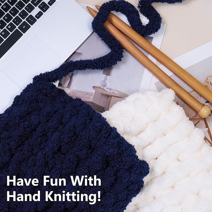 Cozyful Chunky Yarn for Hand Knitting - #10 Chunky Chenille Yarn, Jumbo Big Thick Chunky Yarns for Crocheting, Super Bulky Chunky Knit Blanket Yarns, 8 Skein (22yd, 8oz/Skein), Cream & Navy