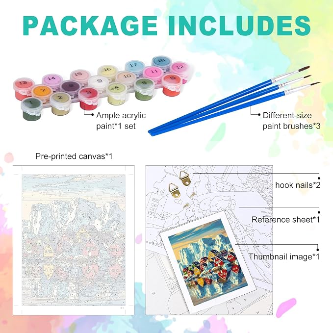 Paint by Numbers Kit for Adults, Colorful Village Painting, 16 x 20 Inch | DIY Adult Paint by Number Kit on Canvas for Beginners, without Frame, Coastal Wall Decor, Stress Relief Craft Gift