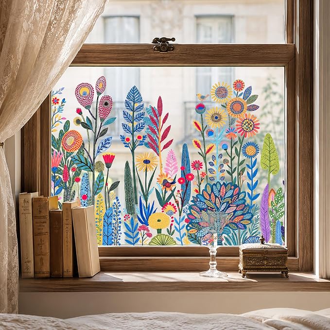 ADD.HERES Window Privacy Film,Colorful Floral Window Stickers,Removable DIY Bouquet Static Clings, Decals for Home School Office Party Supplies, Vivid Flower Field, 17.5" x 78.7"