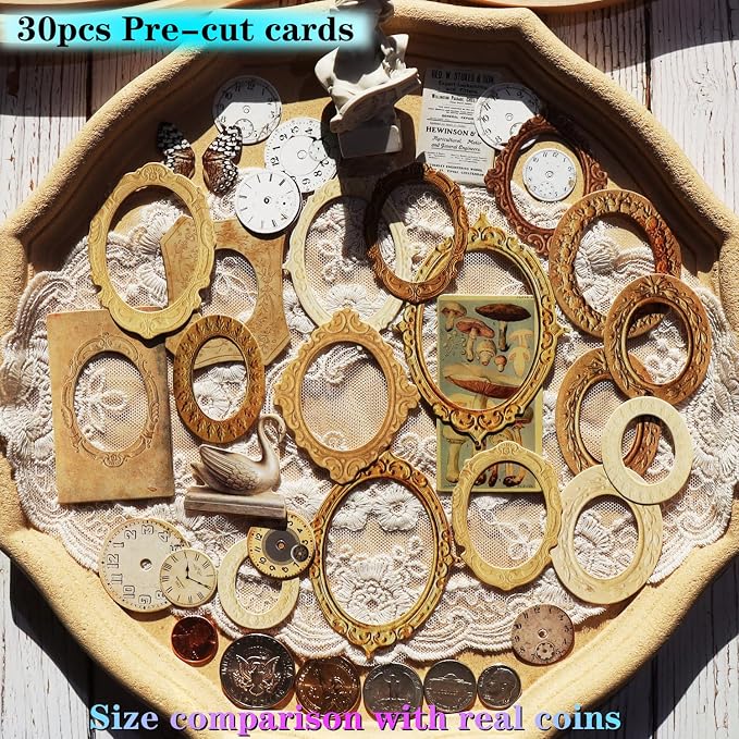 Vintage Junk Journal Items Kit Pre Cut Paper Cards Cutout Cardstock Art Aesthetic Decor Hollow Out Craft Elements Small Embellishments Supplies for Adults Scrapbook Pack (Photo Frame Yellow)