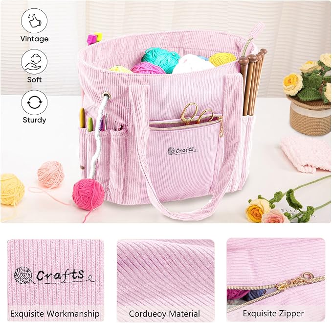 MYBAGZING Corduroy Crochet Bag 11.5" Large Yarn Storage Tote with Grommets, Needle Holders – Knitting Bag Organizer for Crochet Hooks, Accessories, Tools & Projects –Gift for Knitters & Crafters